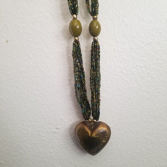 Multi-Strand Seed Bead Necklace with Heart Pendant Green Brown Blue - Picture 5 of 6